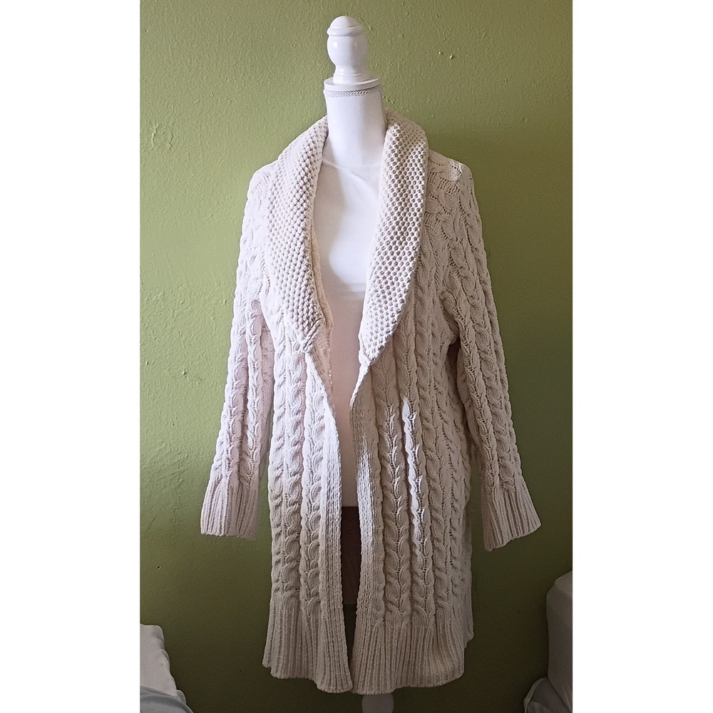 POL Boho Cream Nautical Cable Knit Fisherman Cardigan Sweater Womens S Small
